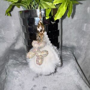 Sparkling Dog Keychain with Faux Fur Pom and beaded pearls